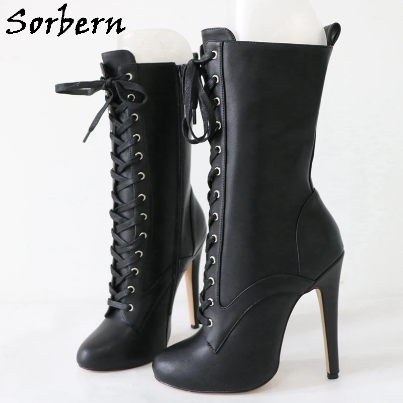 Sorbern Custom Vintage Round Toe Boots Burlesque High Heels Knee High Lace Up High Arch Shoes Wide Leg Stilettos Black Matt Boot