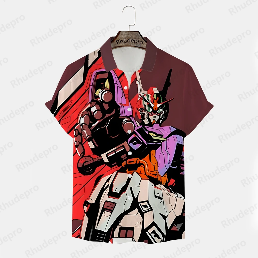 Men's Shirt 2024 Gundam Model Anime Clothing Trend Tops Oversized High Quality Shirts Y2k Children's New Short Sleeve