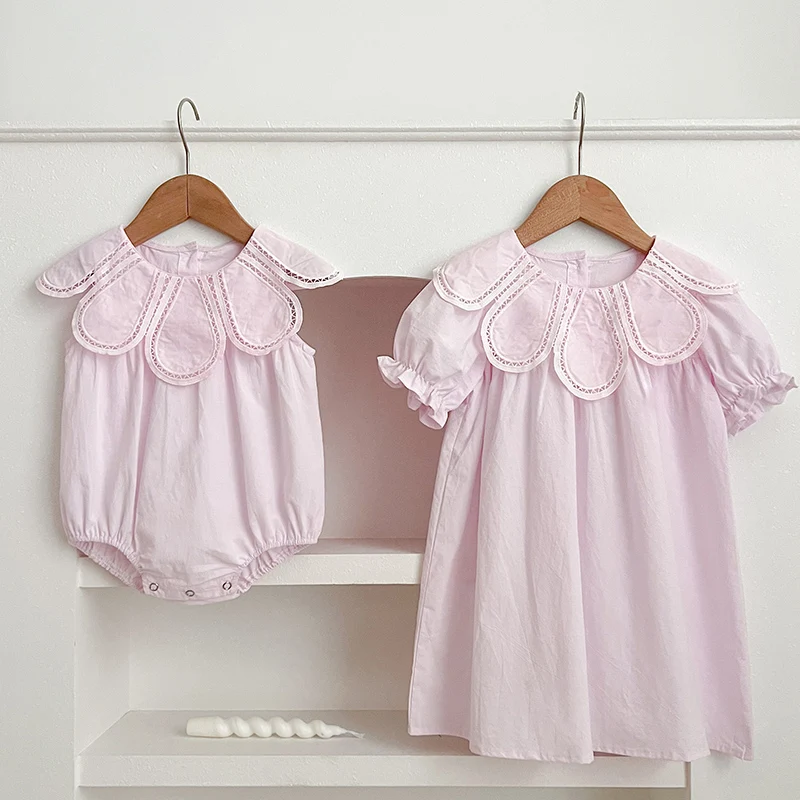 2024 New Summer Kids Princess Dresses Short Sleeved Cotton Solid Color Splicing Infant Baby Romper Baby Girl Party Dress