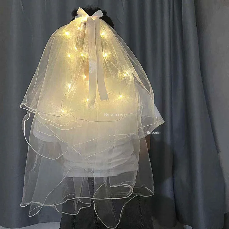 1/2Pcs LED Light Glowing Veil Ribbon Bow Glitter VeilTwo Layers Bridal Wedding Veils Soft Tulle Bridal Veils Accessories