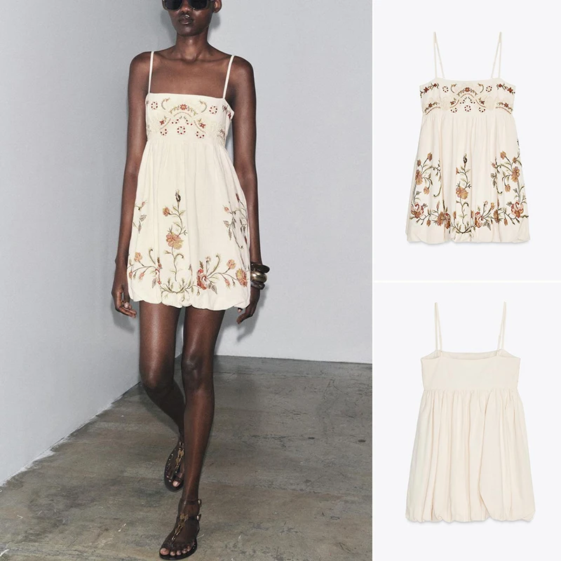 여름 신상 여성 휴가 스타일 스트레이트 칼라 민소매 자수 스트랩 숏 드레스 하이웨이스트 빈티지 프린트 캐주얼 드레스