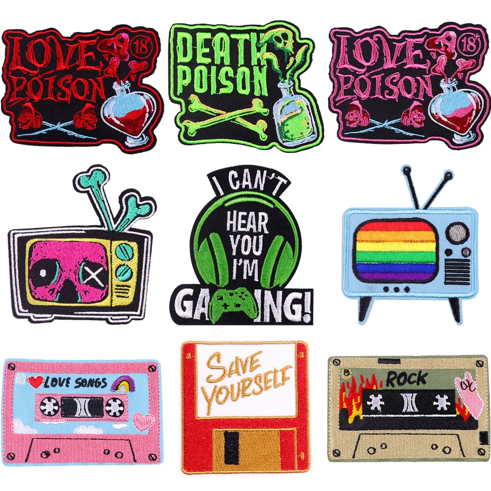

Hippie Punk Rock Embroidery Patches Love Poison TVs Tapes DIY Iron on Sticker Fashion Chest Badges Clothes Bags Hats Accessories