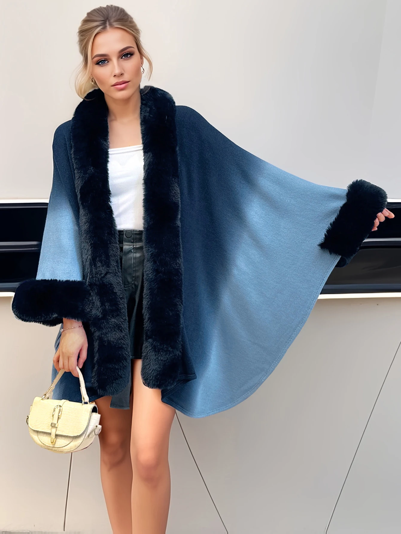 

Women's Faux Fur Collar Gradient Color Imitation Cashmere Shawl Large Size Bat Sleeve Knitted Cardigan Cape Shawl Fall-Winter