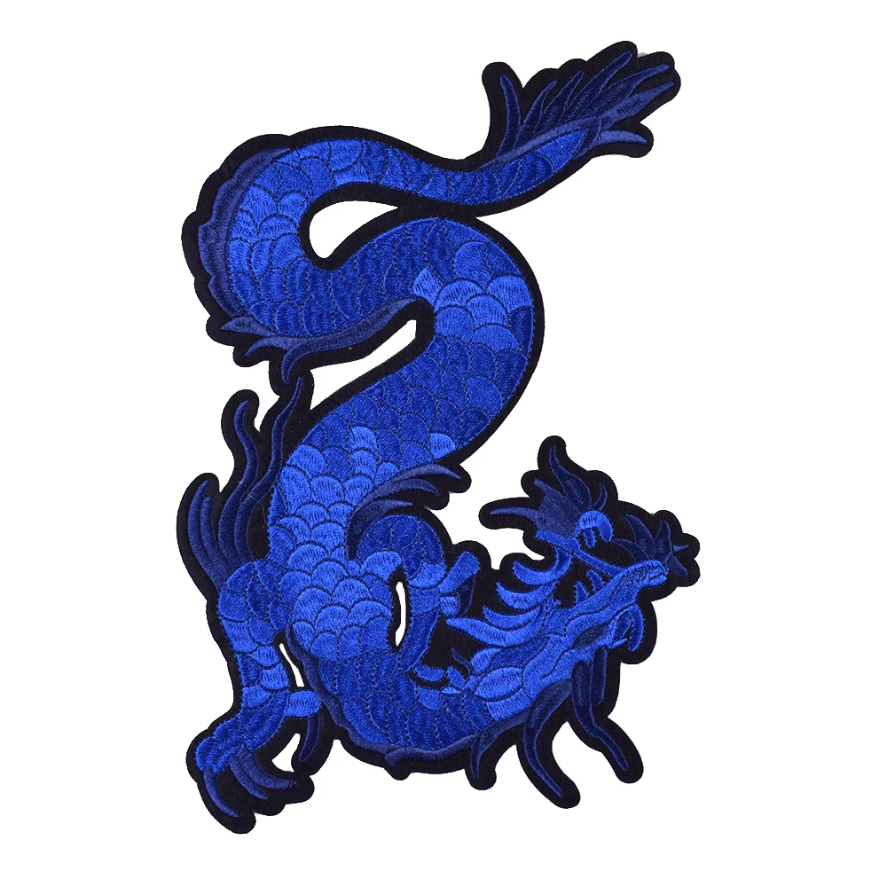 1Pc Blue Dragon Animal Embroidery Patches Biker Embroidered for Jacket Clothing Ironed Sewn on Badge