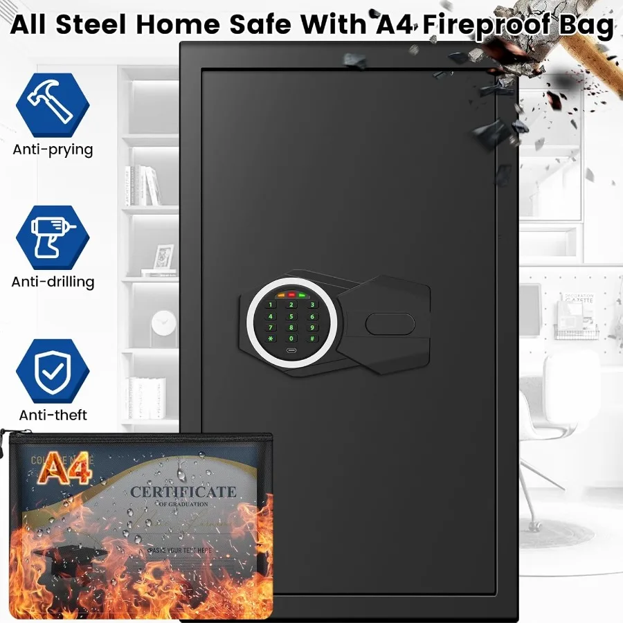 Large Home Safe Box Fireproof Waterproof with A4 Fireproof Bag and Backlit Keypad 5.6 Cu Ft Antitheft Fireproof Safe with 3 Rem