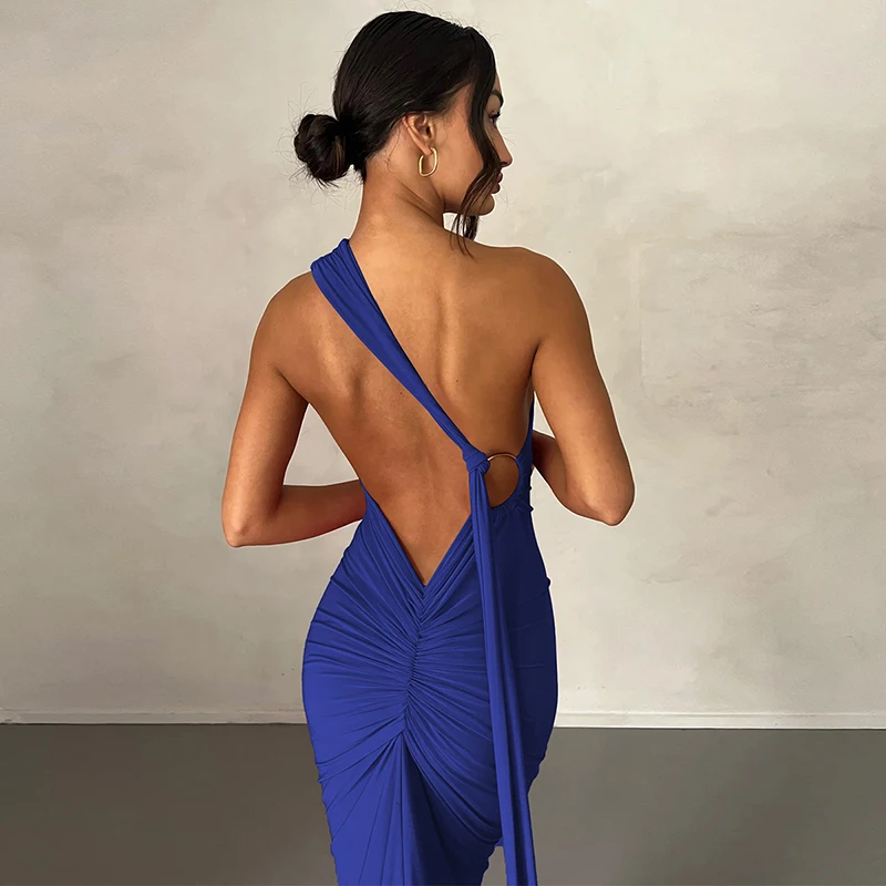 Hugcitar One Shoulder Backless Adjustable Scarf Loop Ruched Sexy Maxi Dress Women Elegant Y2K Streetwear Festival Outfit 292 S778b175a5ed948989dfdd40fa9f26c047