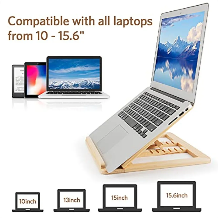 Wooden Laptop Stand for Desk with Free Phone Holder Foldable and Adjustable Ergonomic Laptop Riser for 1015.6 Inch Notebooks Po