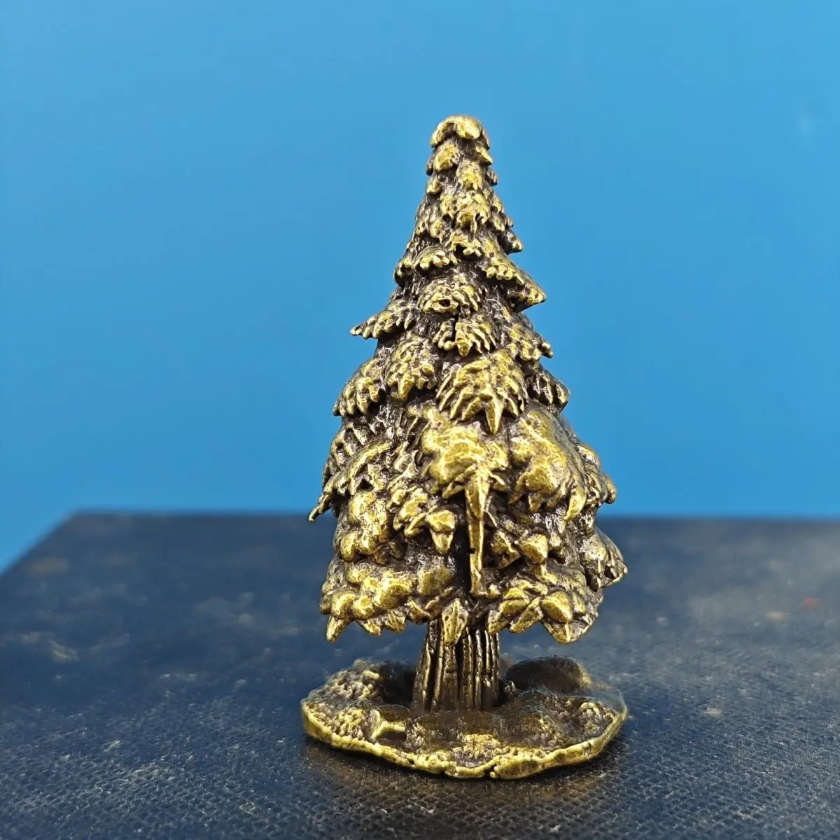 Brass Tabletop Ornament, Mini Snow Scene Christmas Tree, Flocked Pagoda, Small Tree, Cedar Tree Landscape Ornament Gift