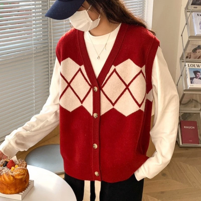 سترة سترة المرأة الخريف نمط Preppy النسخة الكورية فضفاضة Argyle تصميم ريترو مترهل الشارع ارتداء شيك شعبية كل مباراة صالح