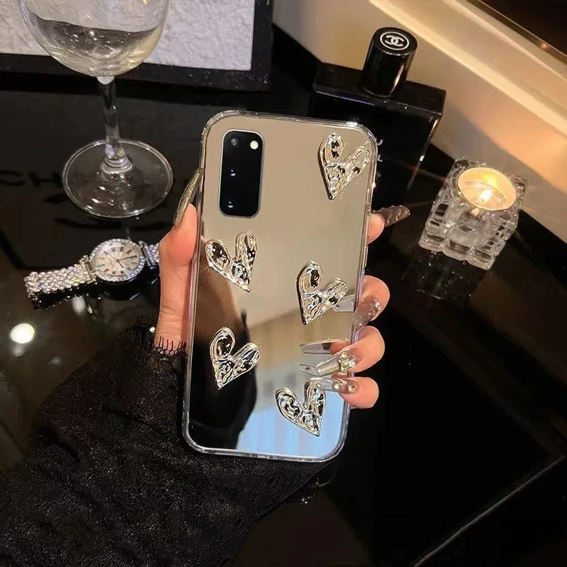 For Samsung Note 10 20 Ultra S25 S24 S23 S22 Plus S21 Ultra S20 FE S10 S9 3D Silver Heart Bear Mirror Case Cover