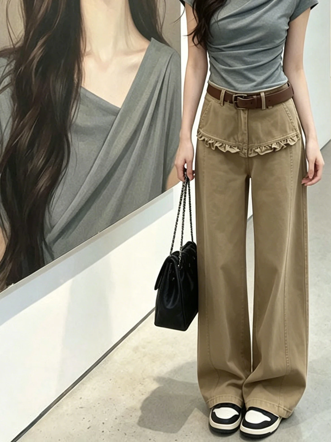 

Khaki Splice Floral Lace Wide Leg Jeans Women's High Waist Loose Design Summer New Style Knife Pants Girls Fashion