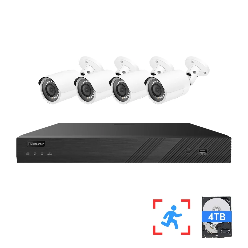 2026 8CH POE Kits 4X 4MP Bullet Outdoor POE NVR Home Security System Kit with Audio Microphone Waterproof IP67 Metal IP CCTV Cam