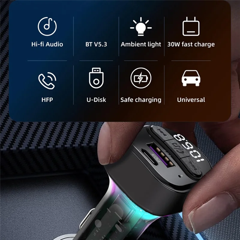 Durable-Bluetooth 5.3 FM Transmitter Support MP3 Player, Hands-Free Calling, LED Backlight For Car With Type-C PD Car Charger