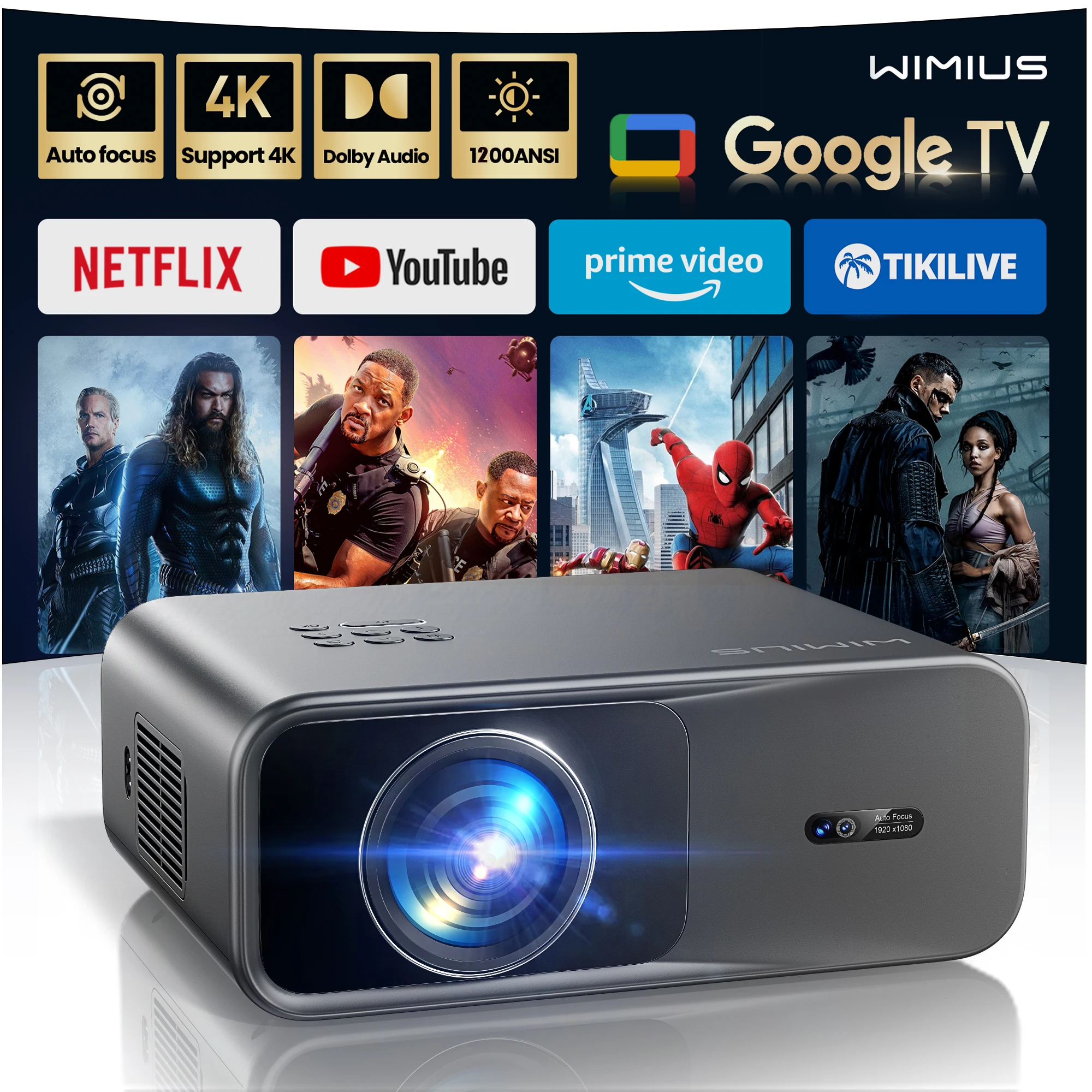 Wimius 4K Proiettore Google TV 1200ANSI Laser WiFi6 Nativo 1080P Home Theater Proiettori di film fascio per Netflix Beamer Proyector