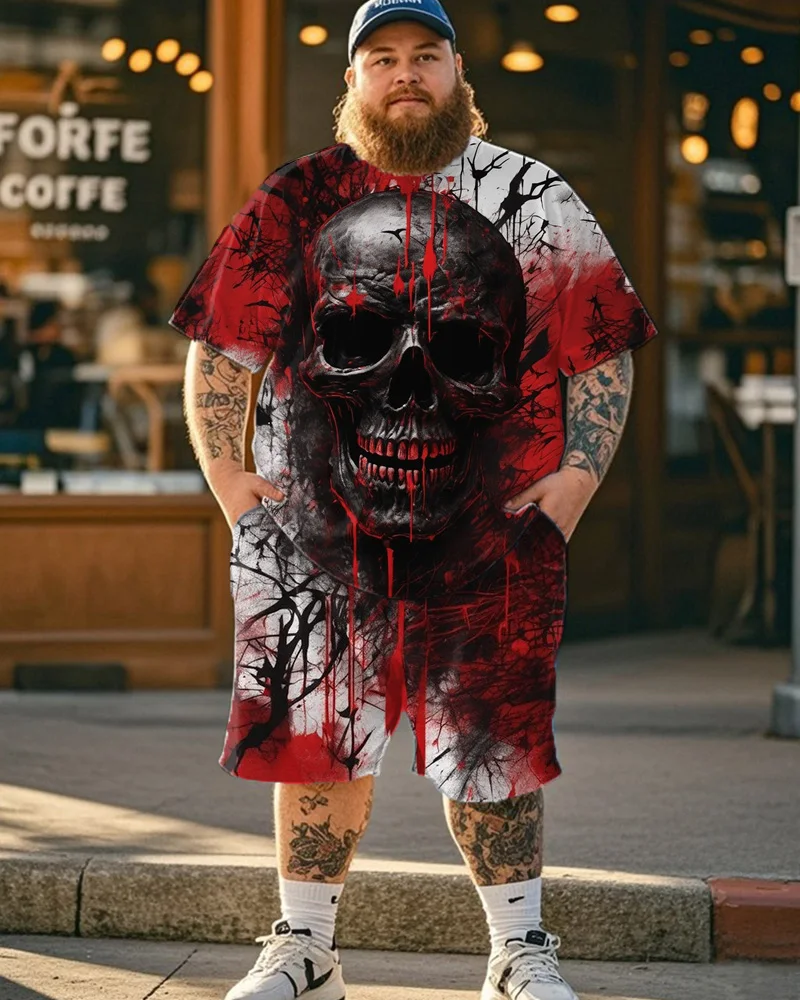 S-9XL Large Size Men's Suit - Skull Colorblock Short-sleeved T-shirt and Shorts Two-piece Set