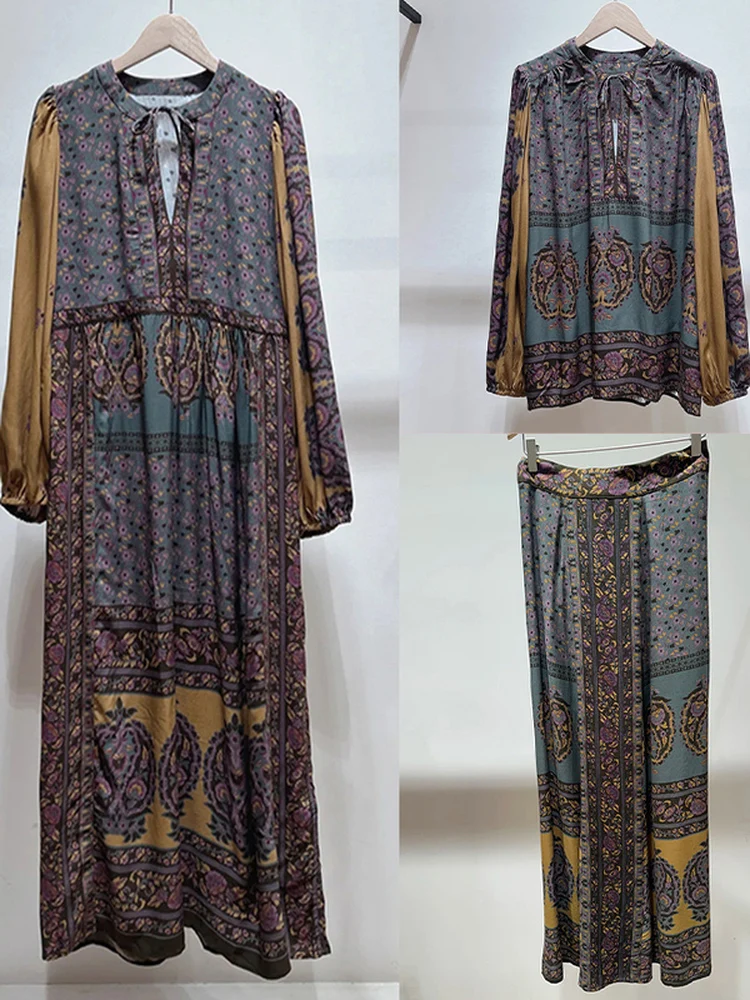 

Ele Vintage Print V-Ne Dr with Long Pants And f Skirt Autumn Winter Polyester Fiber Casual Loose Fit Ladies Dr