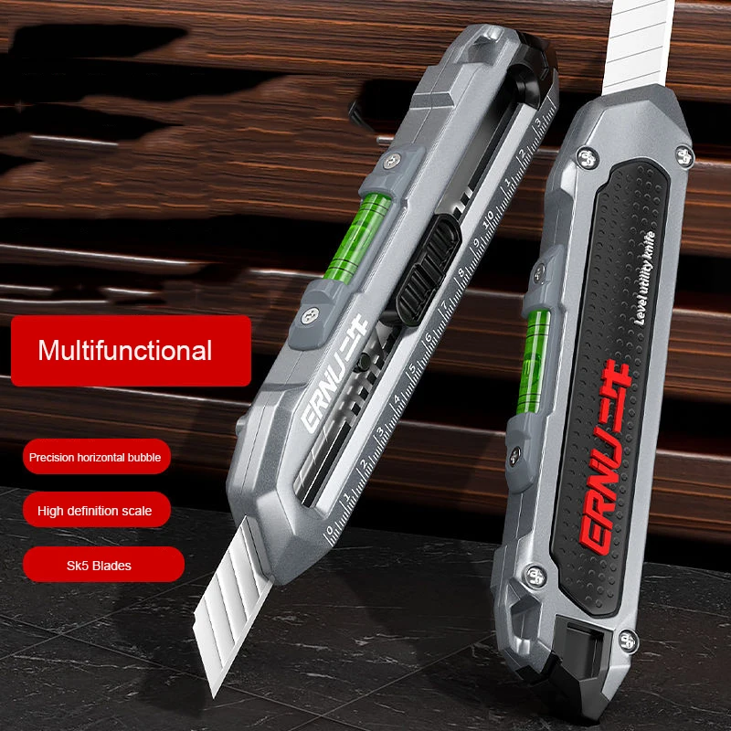 Multipurpose Utility Knife, Heavy Duty Metal Box Cutter, SK5 Blade, Safety Lock Design, Medição de corte, Cartão de papelão, 18mm