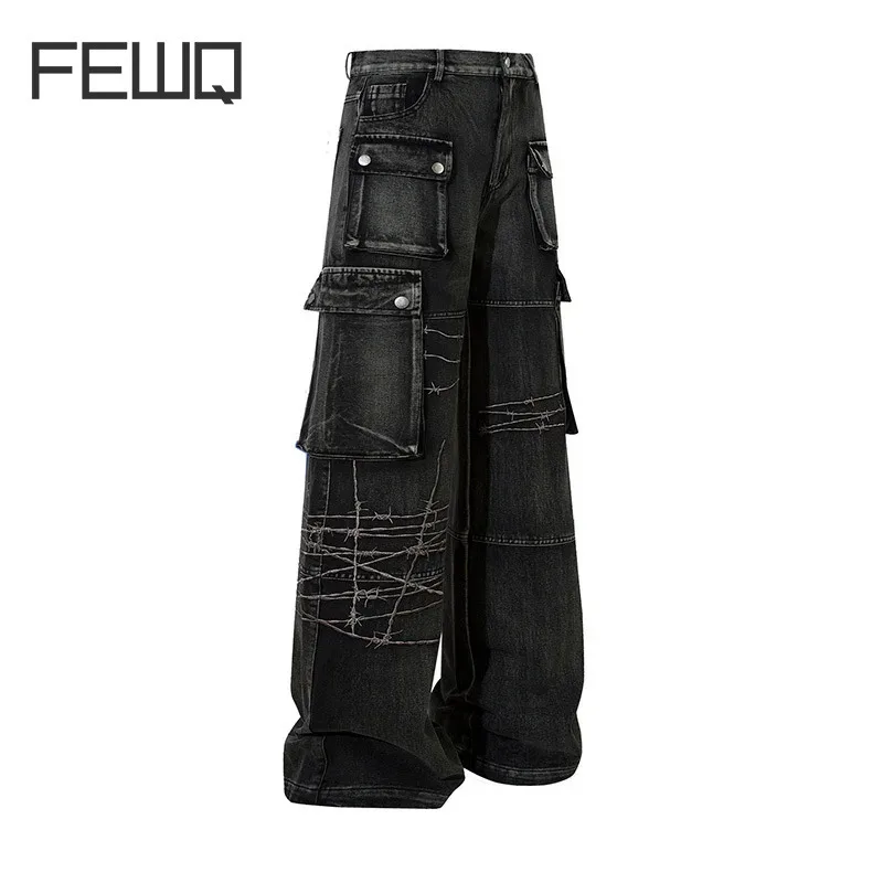 FEWQ American Men's Workwear Jeans High Street Embroidery Loose Wide Leg Pants Solid Color Darkwear Male Trousers 21Z7055