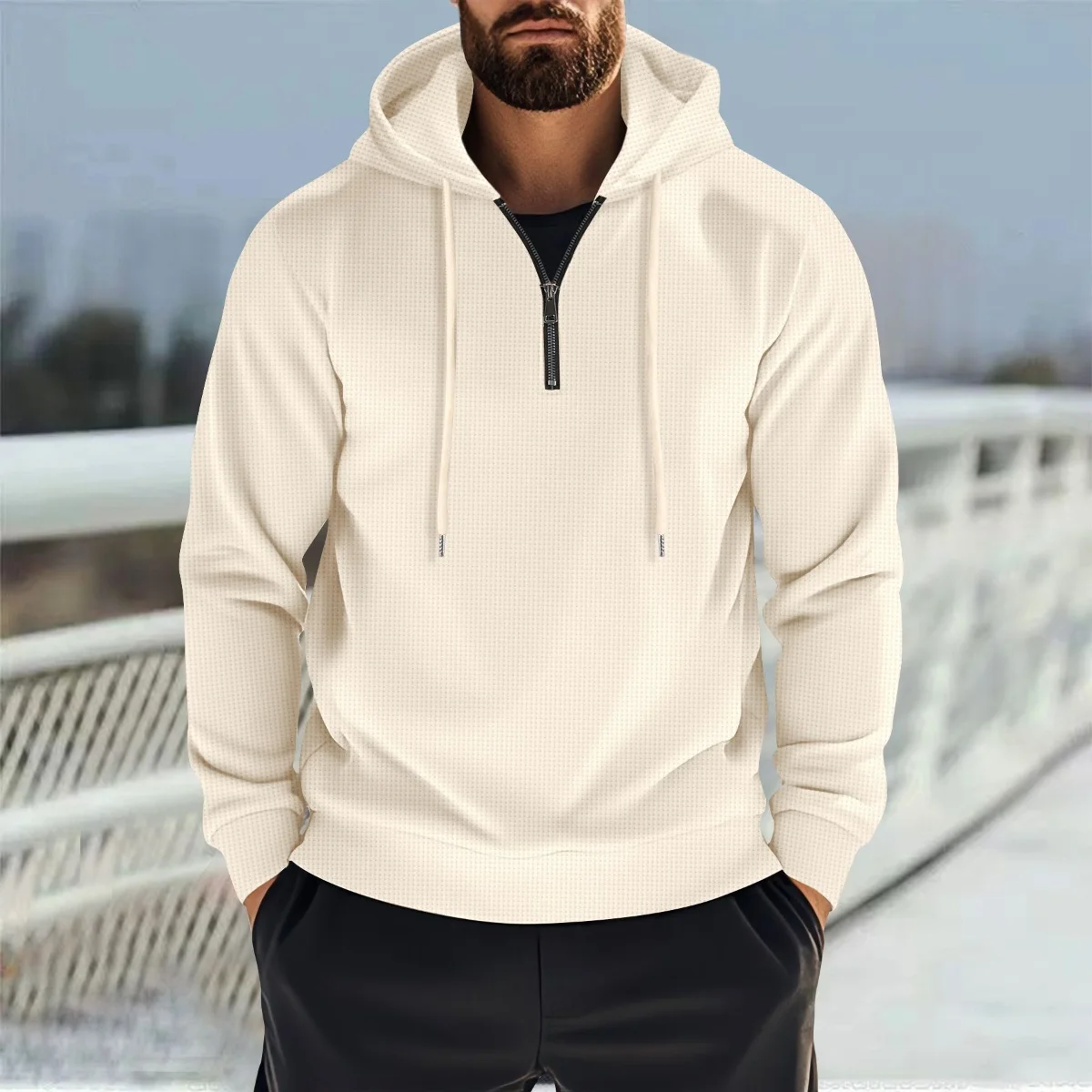 

Spring 2025 Men's New Fashion Comfortable Waffle Weave Pullover Shirt Autumn Half-Zip Hooded Casual Loose-Fitting Sweatshirt