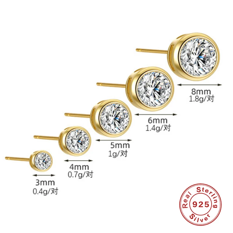 AIDE 3/4/5/6/8mm 925 Sterling Silver Piercing Diamond Round Zircon Stud Earrings for Women Girl Gold Plated Luxury Brincos Gift