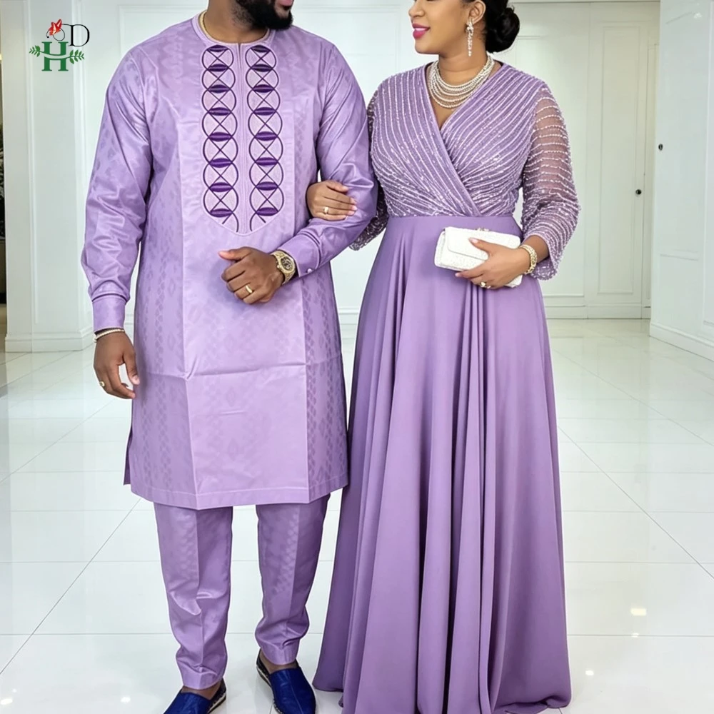 African Dresses For Couple Purple Traditional Men 2PCS Embroidered Outfit Set Sequin Bodycon Mermaid Robe Wedding Party Dress