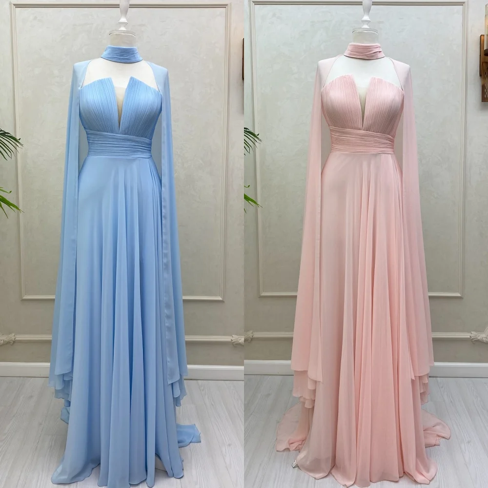 

Customized Modern Style Elegant Chiffon Draped Ruched Ribbon Straight Halter Long Dresses Bespoke Occasion Dresses High Quality