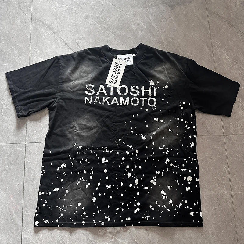 Satoshi Nakamoto T-shirt Splash-ink Letter Print Short-sleeved Vintage Oversized Men's T Shirt Shorts Summer Trend Clothing