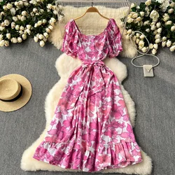 YuooMuoo Summer Vacation Flower Print Sash Bandage Long Dress Women Elegant Ruffles Puff Sleeve Big Swing Maxi Beach Dress Robes