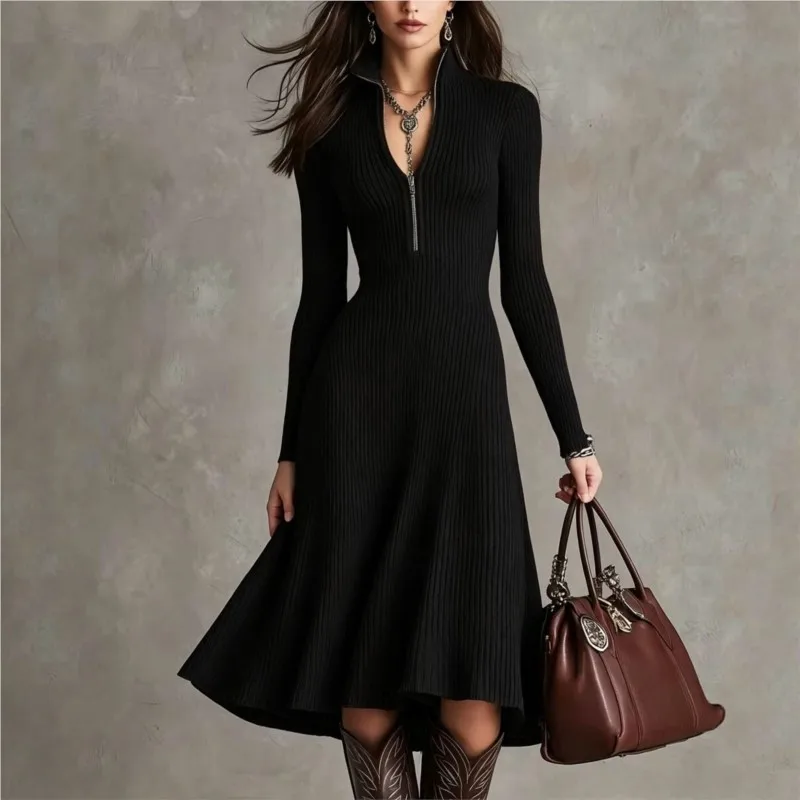 2026 New Women's Autumn/Winter Dress Solid Color V-neck Waist Collection Fashion Comfortable Versatile Simple And Elegant Dress