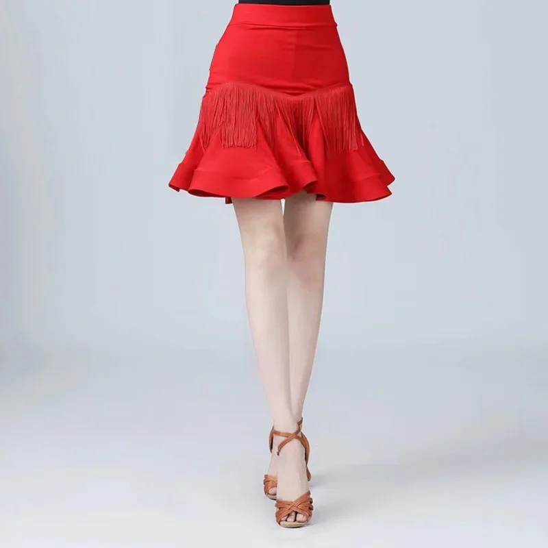 Vrouwen Latin Dance Rokken Ballroom Rumba Samba Kwasten Danskleding Volwassen Training Stage Performance Visgraat Rok Kostuums