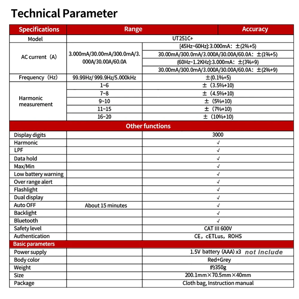 UNI-T UT251C زائد التيار المتناوب تسرب فك التيار متر بلوتوث LPF قياس الاختبار التوافقي المهنية الرقمية تسرب الحالي كماشة
