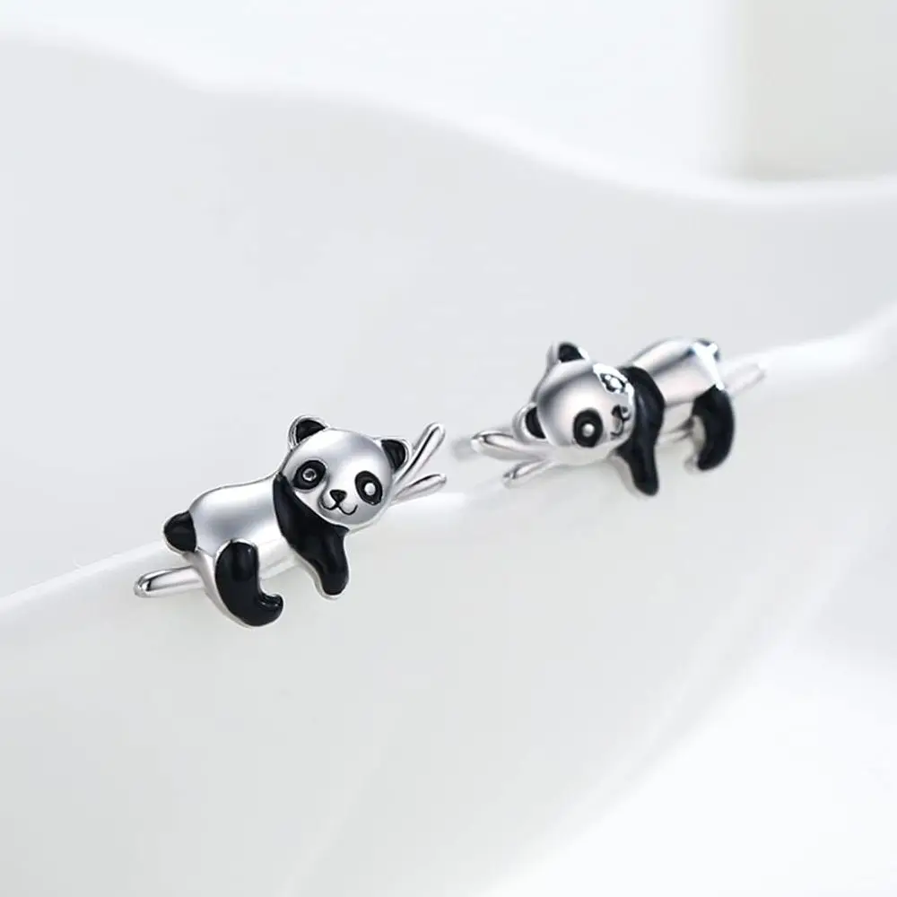 Harong Popularity Explosion Models Panda Ear Studs Cute Animal Silver Plated Earrings Jewelry Gift for Girl Woman Sensitive Ears