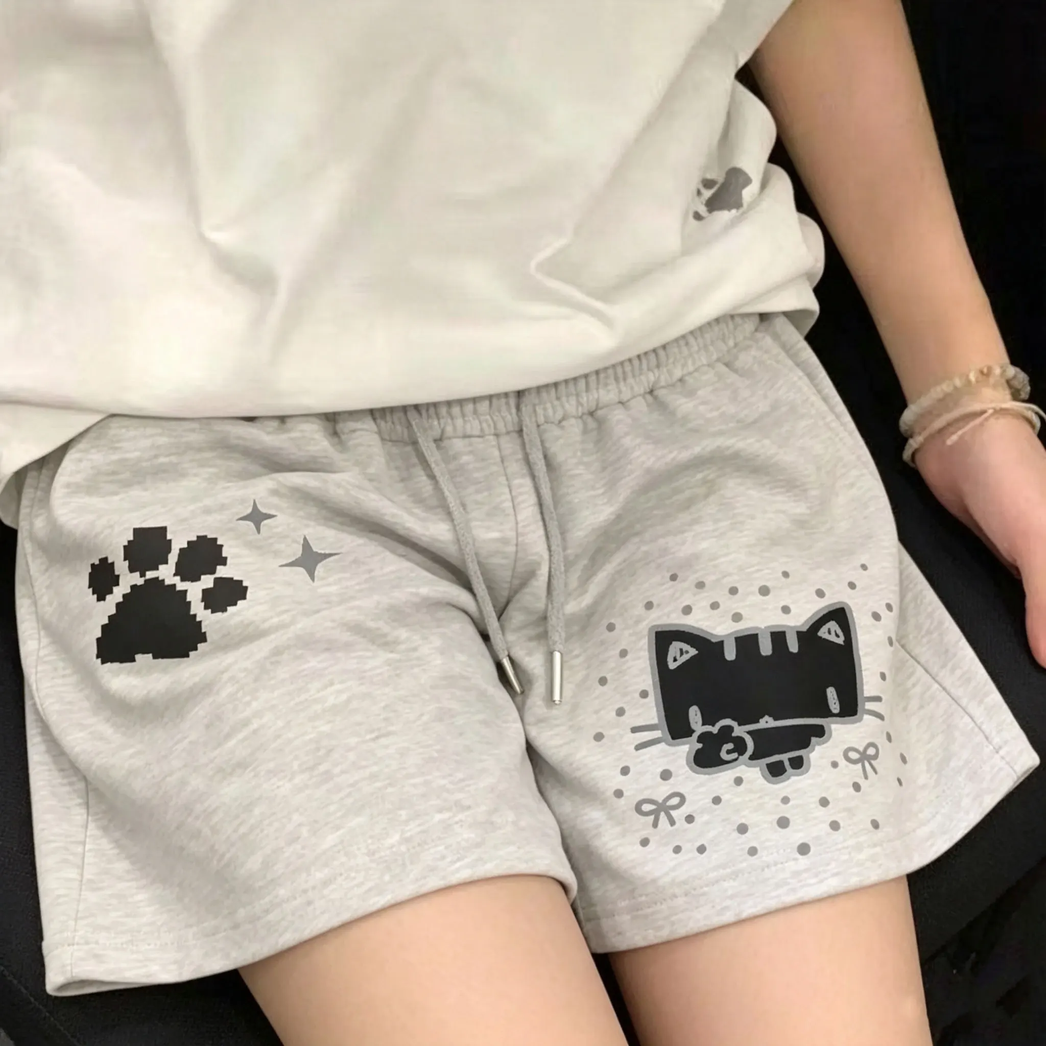 Women Summer Casual Shorts High Waist Black Y2k Kawaii Sweet Cat Print Wide Leg Pants Chic Japanese Pantalones Cortos De Mujer