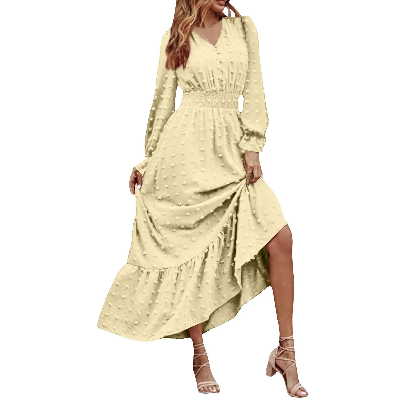 فستان نسائي طويل الأكمام بوهو طويل ، مرن ، خصر ضيق ، خليط ، حرف A-line ، نقطة ، تنحنح فضفاض ، طول الكاحل ، الربيع ، الخريف