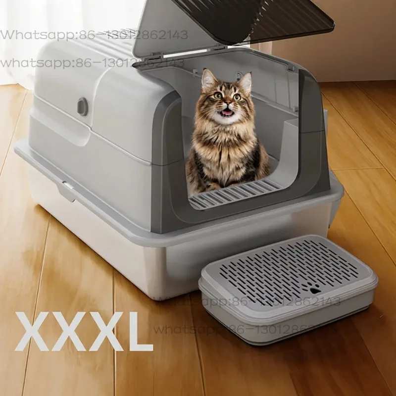 Stainless steel cat litter box oversized semi-closed cat toilet anti-splash and scratch-resistant cat litter box pet supplies