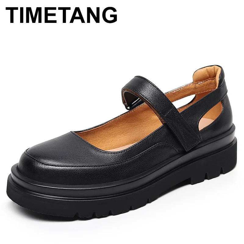 

Women's Thick Heel Mary Janes Shoes round Toe Top Layer Cowhide Waterproof Platform Slip-On Padded Flat Shoes British Style