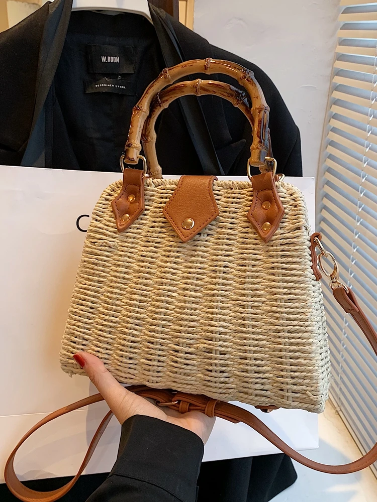 Woven Bag 2023 New Summer Women\'s Exquisite Bamboo Handle Design Straw Woven Shoulder Bag Leisure Vacation Beach Crossbody Bag