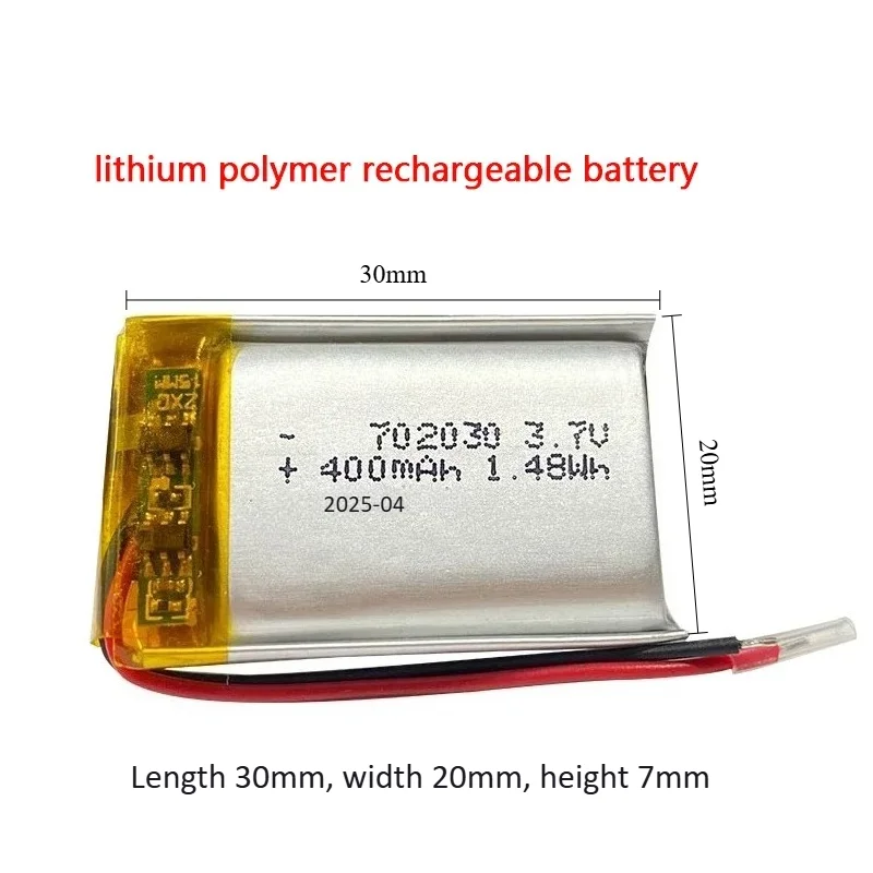 702030 3.7V  400mAh lithium polymer rechargeable battery for toys DIY MP3 GPS PSP DVR remote control drone beauty instrument