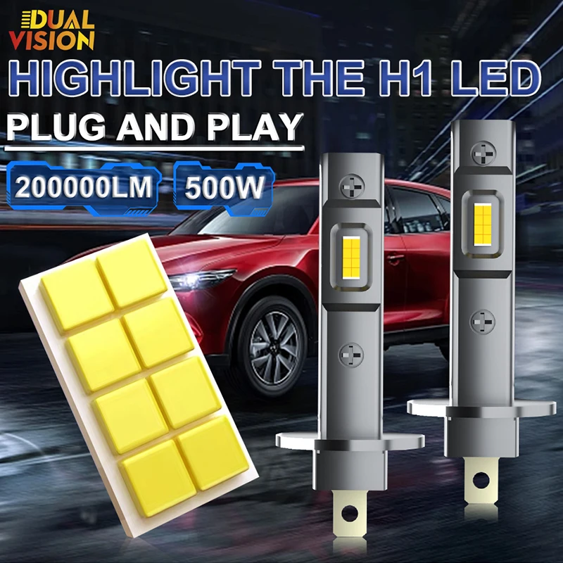 24V 36V 12V H1 LED Headlight 200000LM 6500K 500W 16PCS 7585 CSP Chip 1:1 Halogen Size Led H1 Fanless No Fan Mini Diode Truck Bus