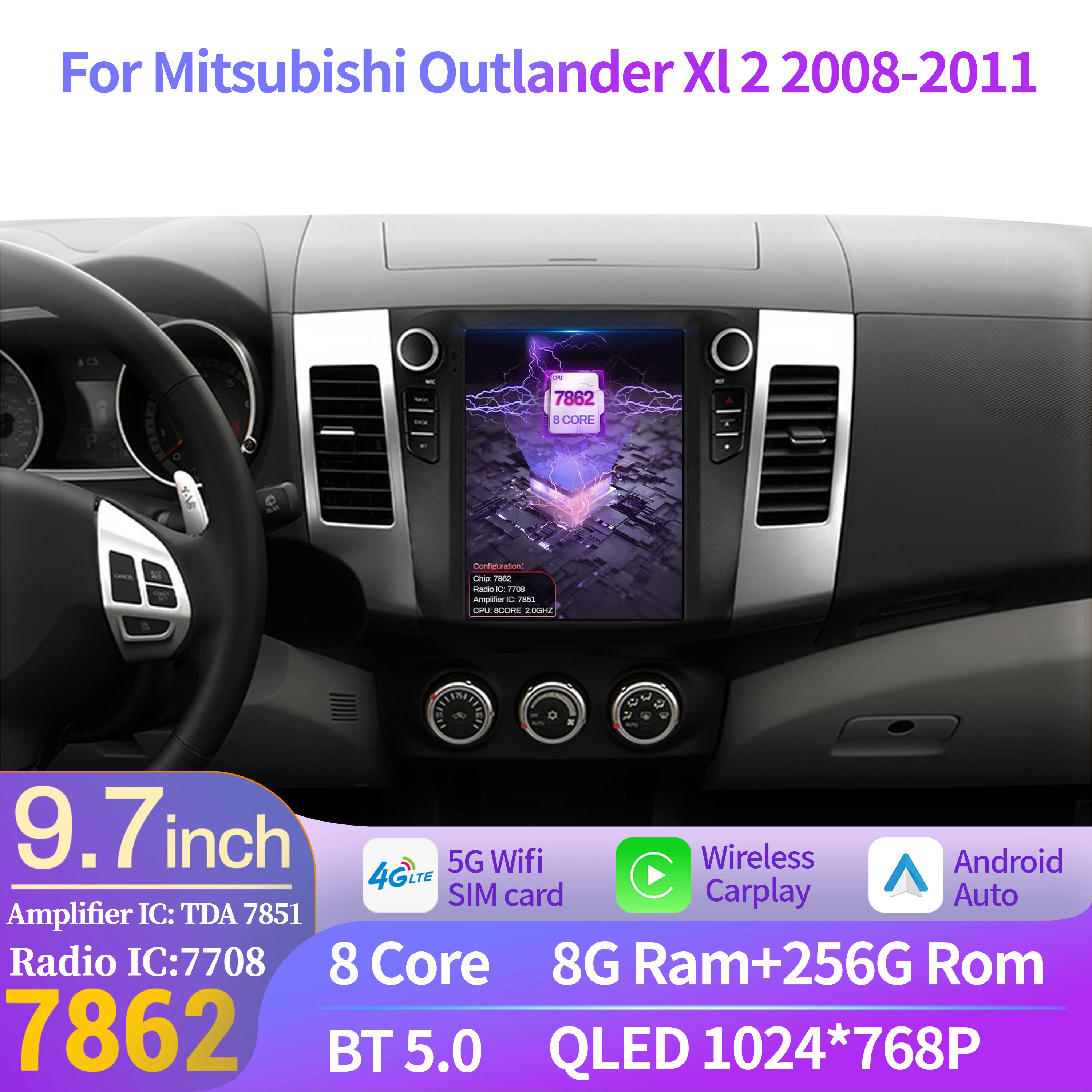 9,7 pulgadas para Mitsubishi Outlander Xl 2 2008-2011 navegación de Radio de coche para reproductor Multimedia de coche navegación Android 14 pantalla QLED
