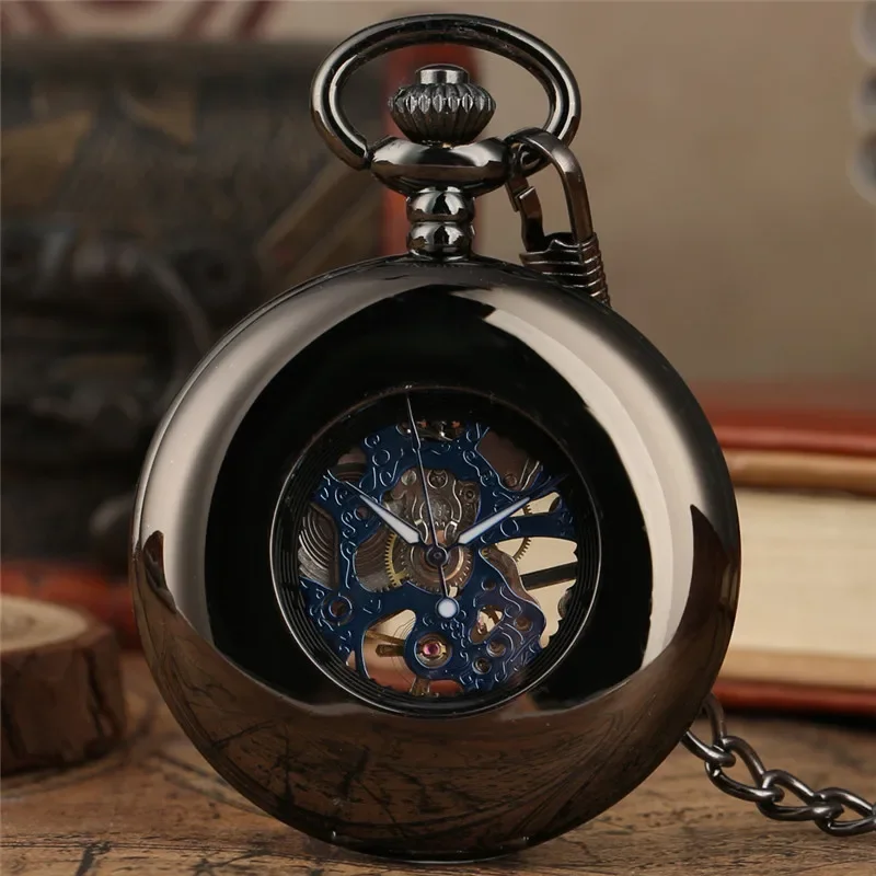 Antique Black Manual Mechanical Hand Wind Mechanical Pocket Watch Hollow-Out Case Roman Numeral Dial Pendant Chain Gift Reloj