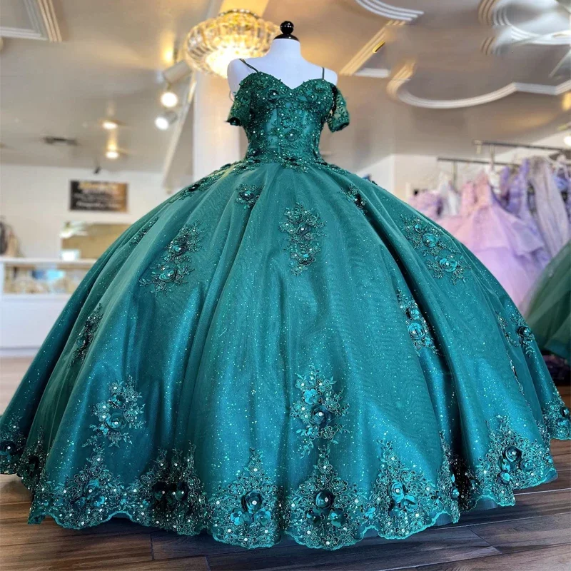 New Emerald Green Quinceanera Dresses Sweet 16 Years Girl Birthday Party Dresses Appliques Lace Beads Vestidos 15 De Anos Custom