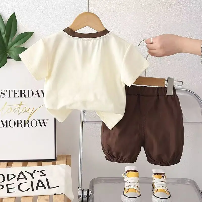 Cute Infant Boys Two Piece Summer Clothes Plaid Patch Decor Short Sleeve Tee Elastic Cuff Loose Casual Kids Shorts Outfit