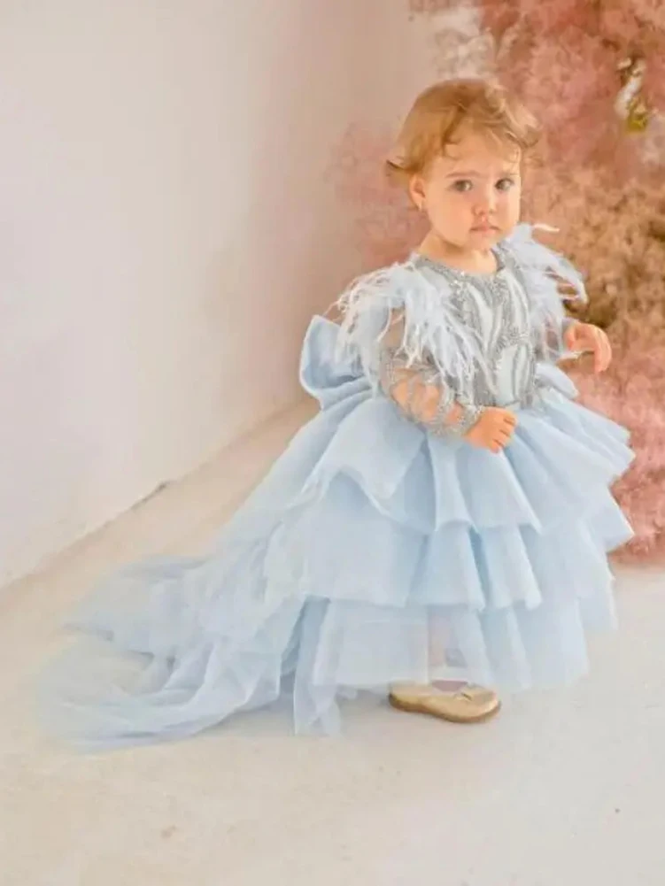 

Lovely Blue Tulle Beading Long Sleeve Puffy Feathers With Bow Flower Girl Dress Child's First Eucharist Birthday Party Dresses