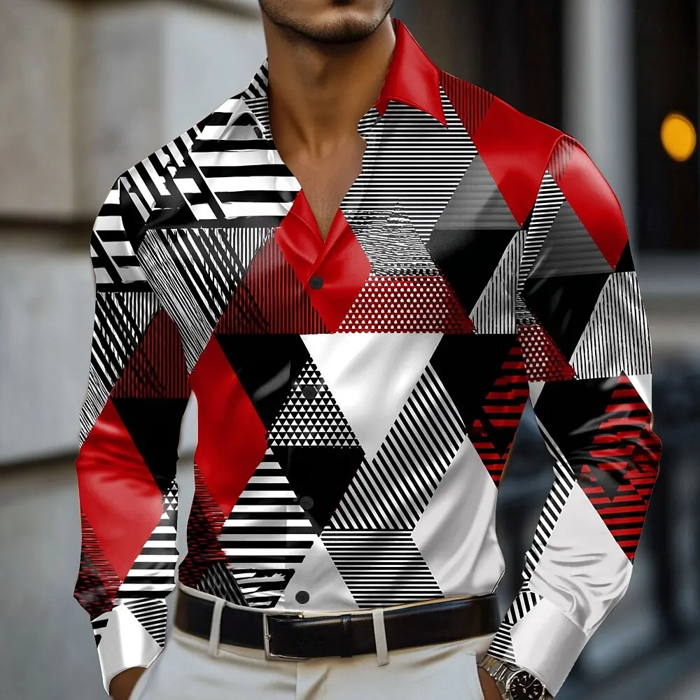 

3D Print Men's Geometric Color Block Shirt Fashion Lapel Button Up Long Sleeved Shirts Autumn Casual Vacation Dailywear For Male