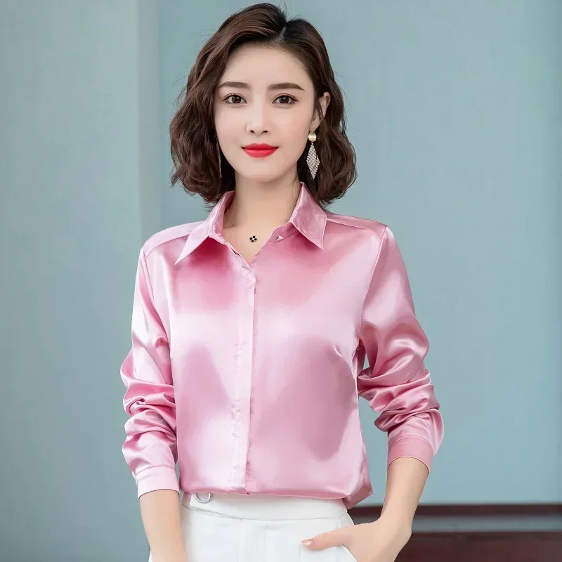 

Elegant Office Ladies Work Shirt Women Blouse Long Sleeve Lapel Hidden Buttons Bright Basic Satin Silk Women Shirt Female Tops