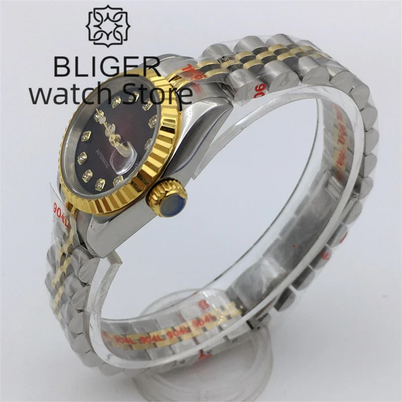 BLIGER 26mm Silver Gold Luxury Mechanical Watch For Ladies NH05 Movement Red dial Diamond Index Date Sapphire Glass Ladies watch