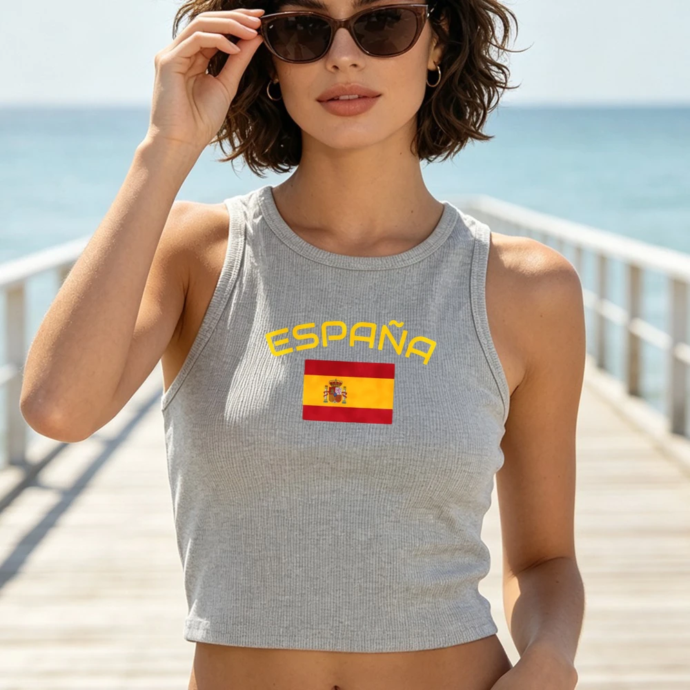 Spanish Flag España Design Women Ribbed Crop Tank Top Summer Casual Streetwear camiseta españa futbol 2026 Women Crop Tank Tops