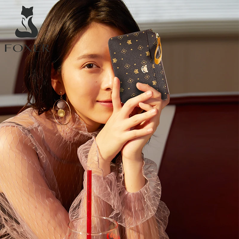 

FOXER Brand Women's Mini Card Holder PVC Casual Short Wallet 2026 New Signature Lady's Cute Fashion Coin Purse with Key Chain