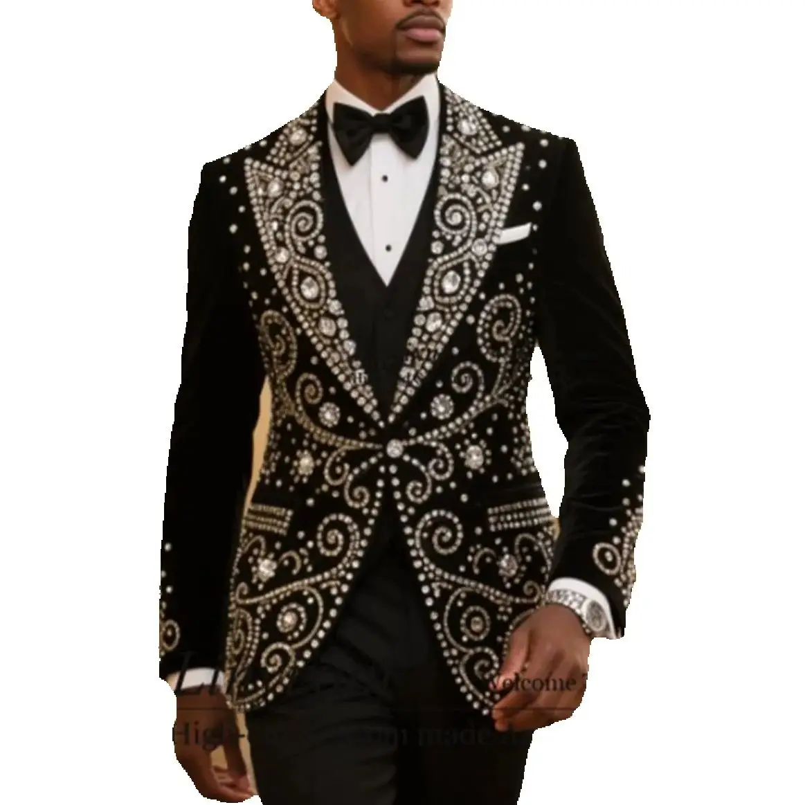 

High End Metal Embellished Men Suits 3 Pieces Sets Beadeds Party Prom Blazer Customized Ropa Hombre Peaked Lapel Groom Tuxedos